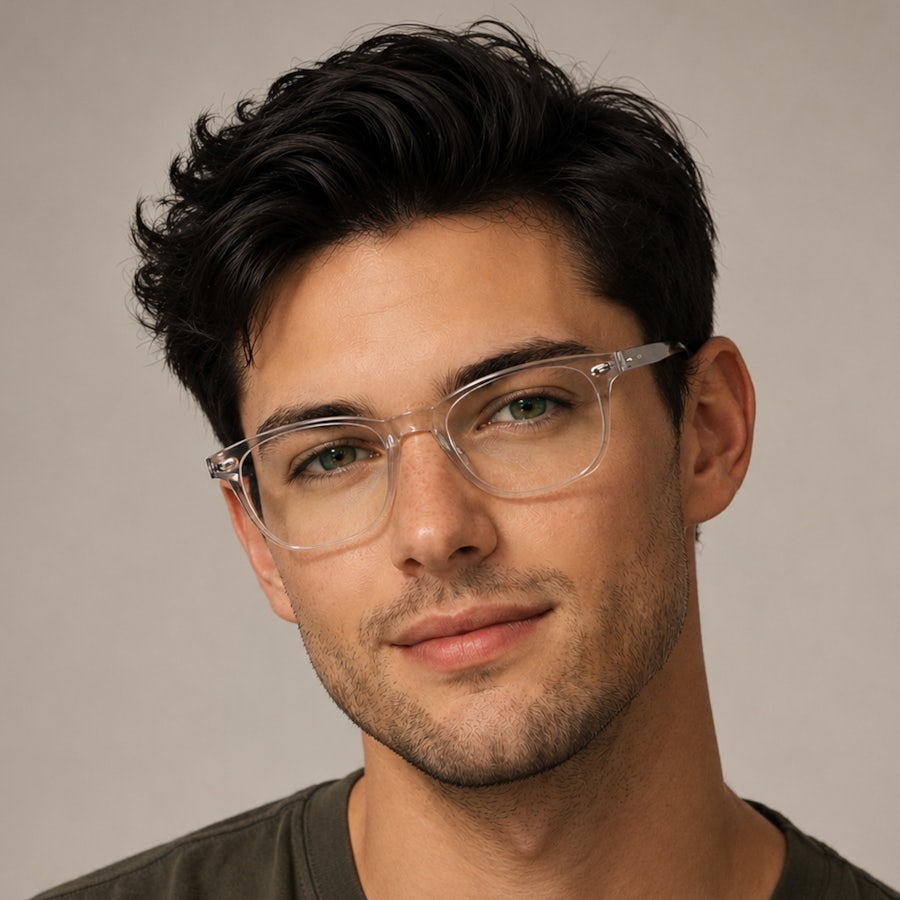 Man with black hear wearing a clear glasses frame