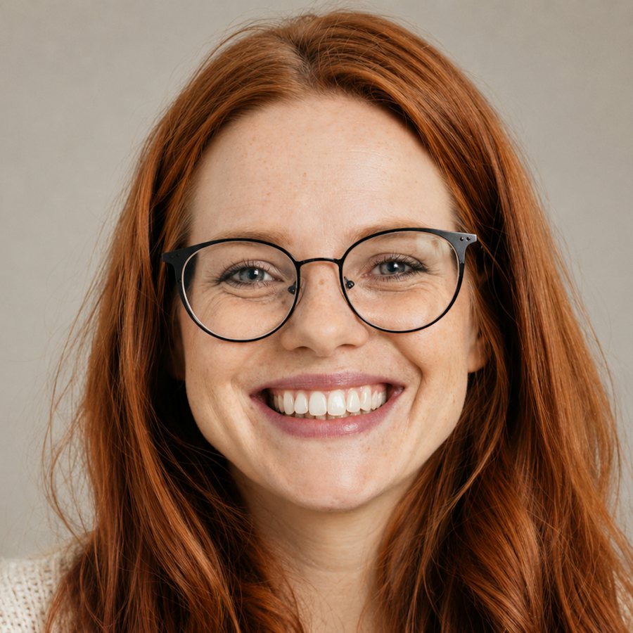 Woman with red hair wearing a black metal frame