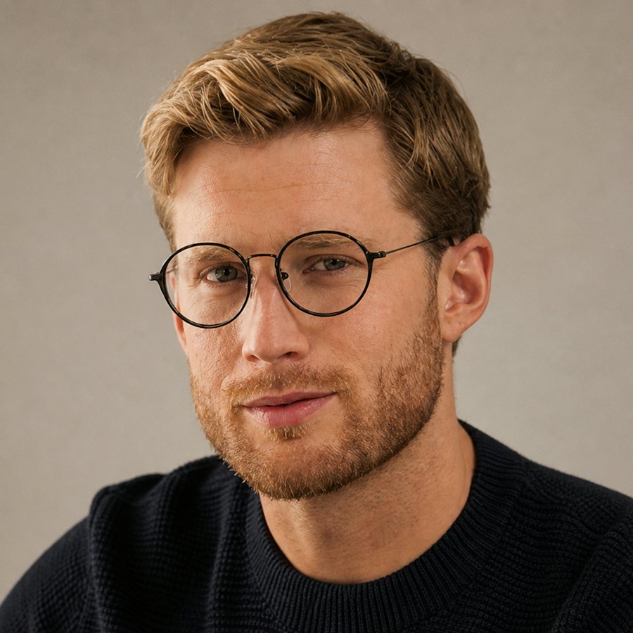 Man with blonde hair wearing a round metal black frame