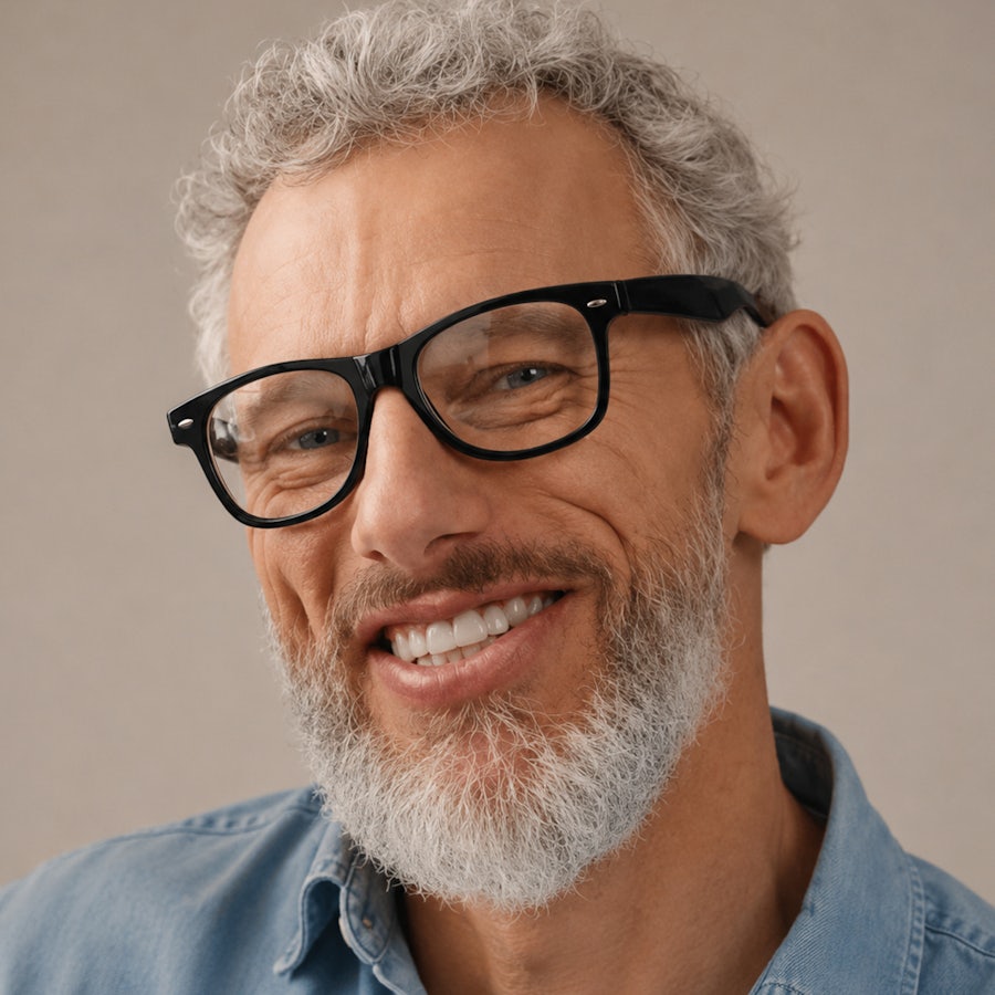 Man with grey hair wearing wayfarer black glasses frames