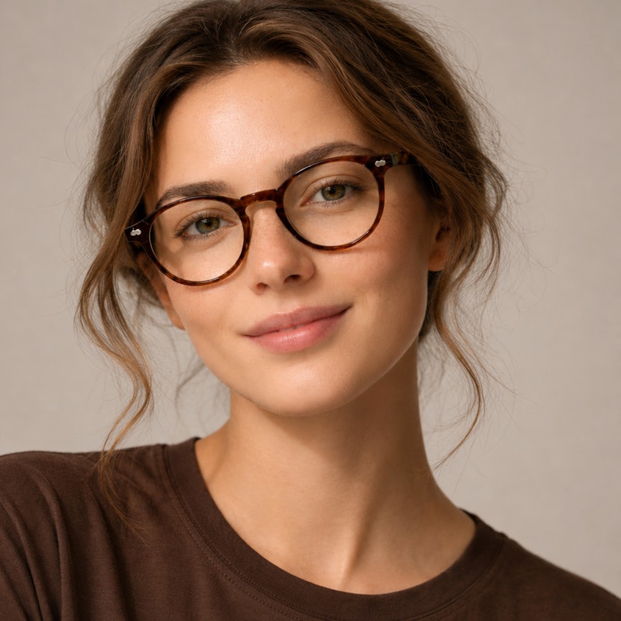 Woman wearing a round tortoise plastic glasses frame