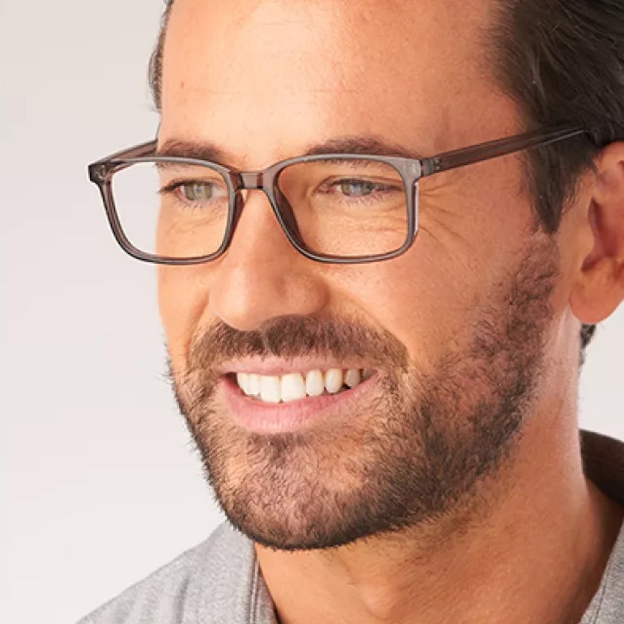 Man wearing rectangle grey glasses