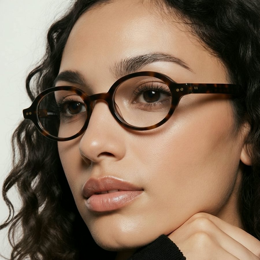 Woman wearing an oval shaped plastic havana glasses frame