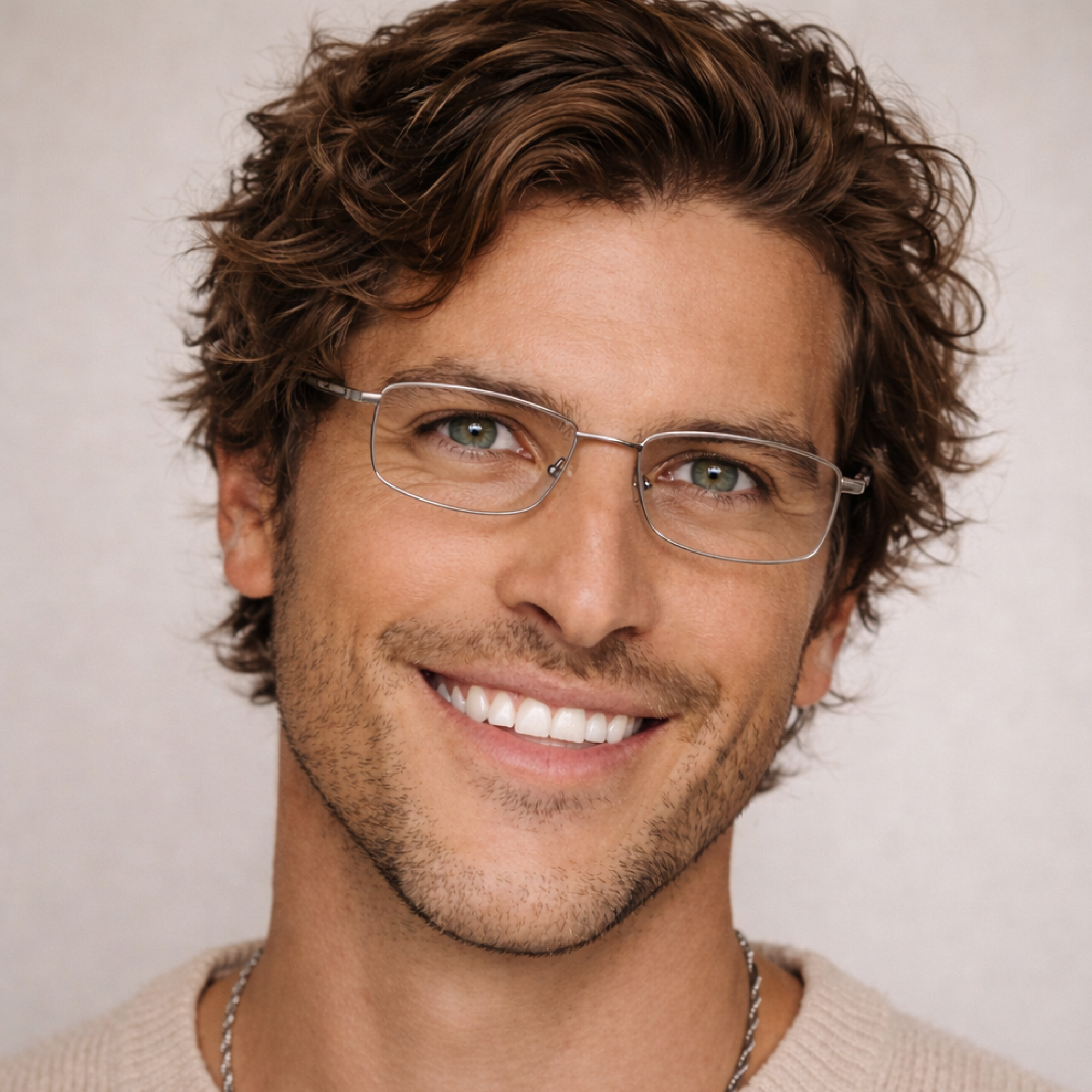 Man wearing thin metal silver glasses Bayonetta glasses