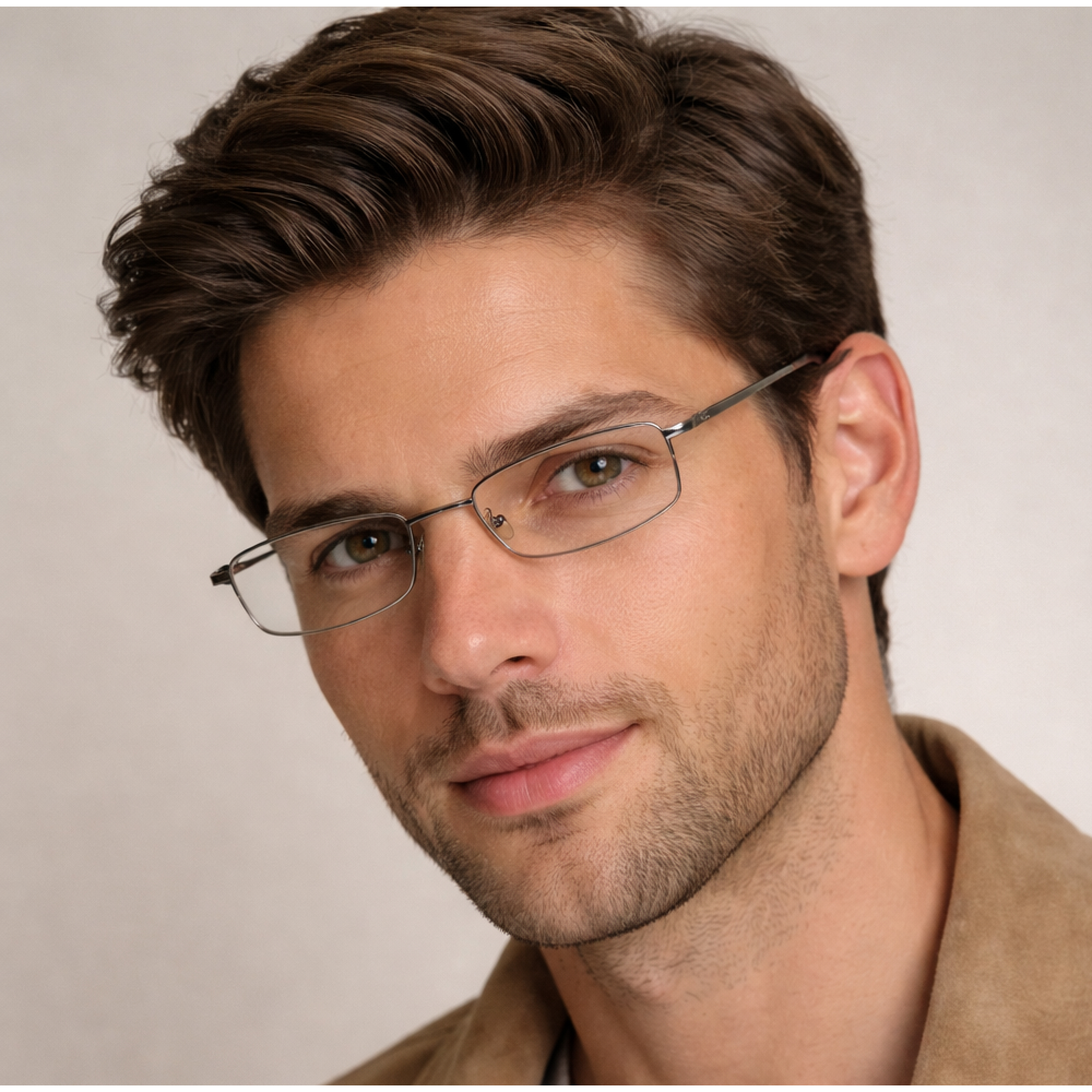 Man wearing thin metal glasses Bayonetta glasses