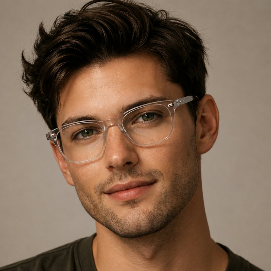 Man wearing a rectangle plastic clear frame