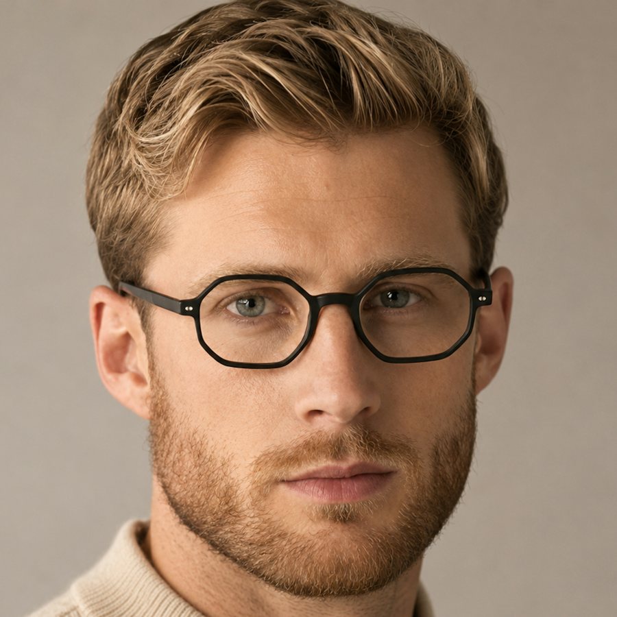 Man wearing a black geometric shaped plastic glasses frame