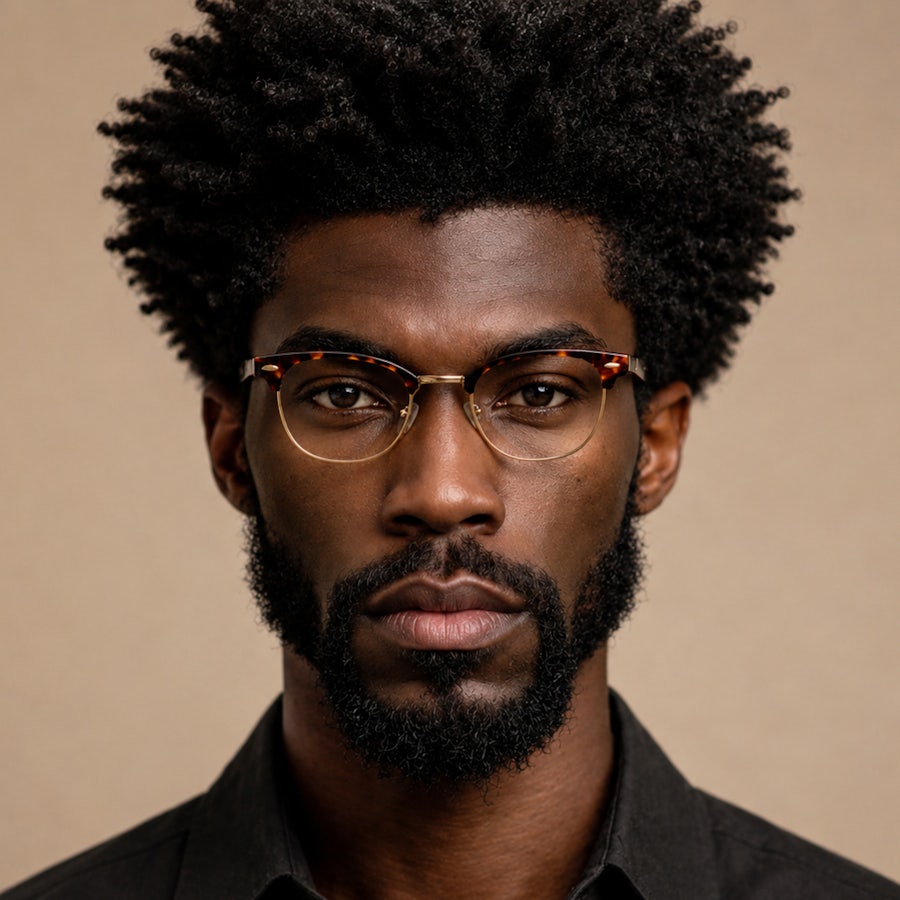 Man wearing a browline havana and gold frame