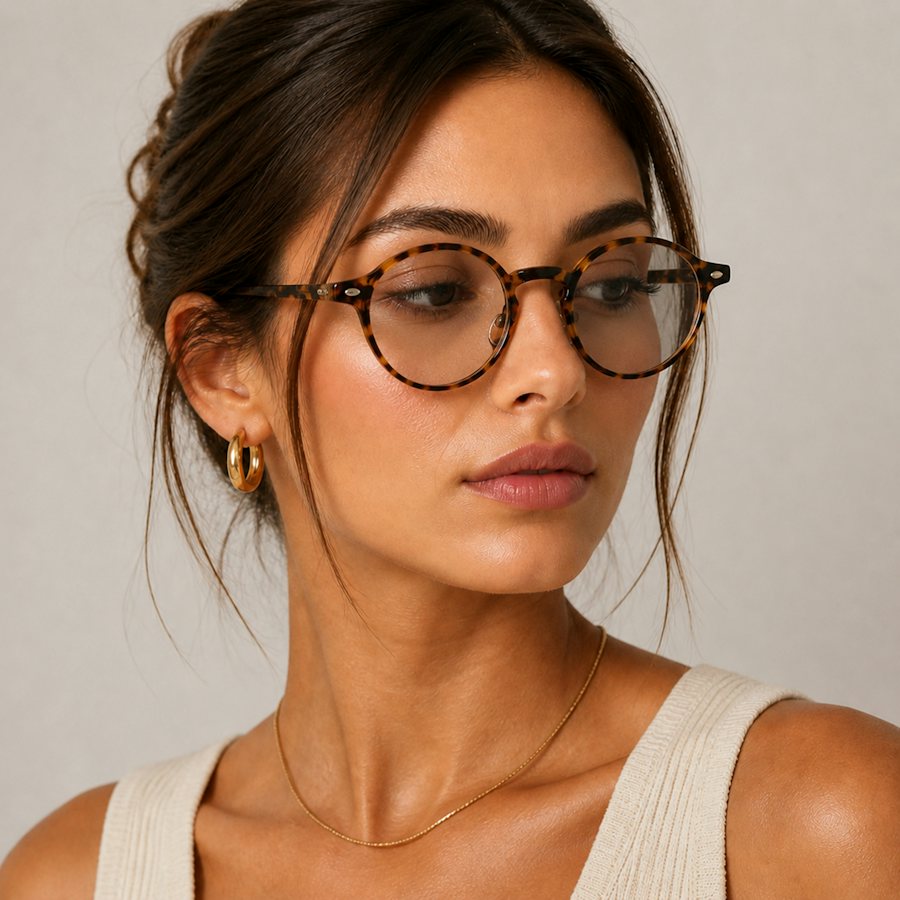 Woman wearing round tortoise glasses frame