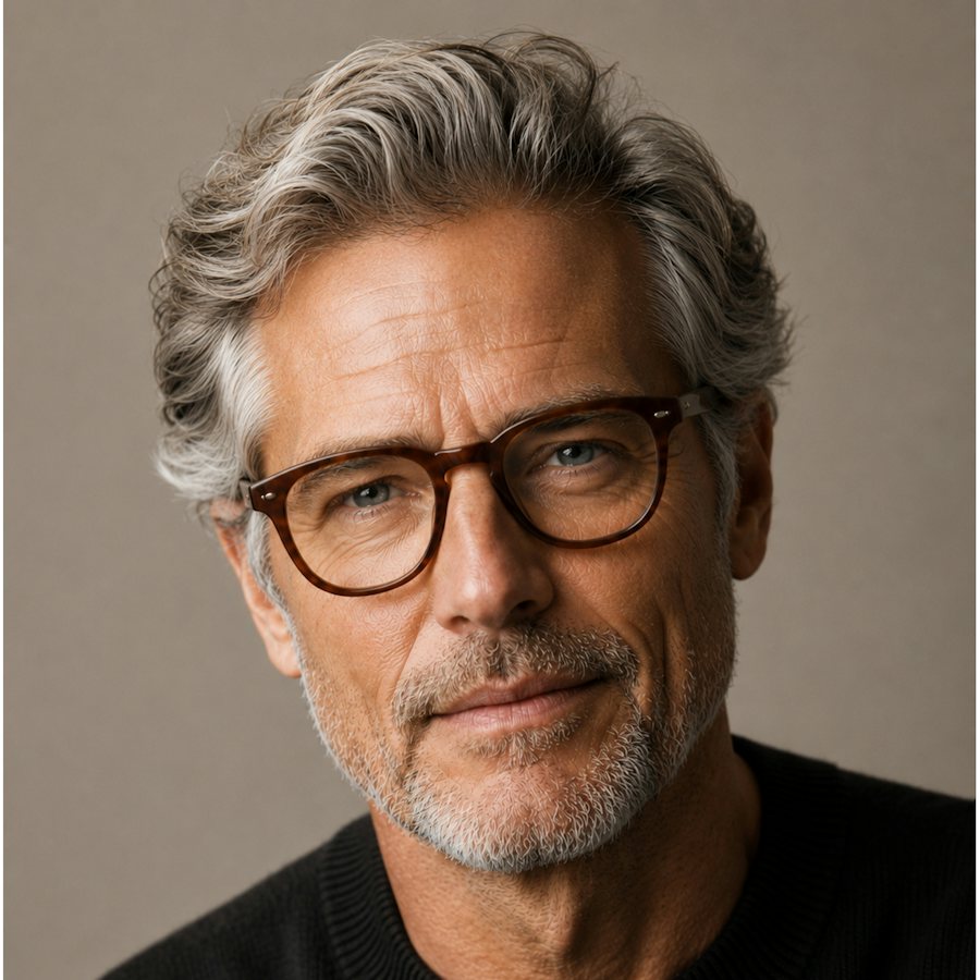 Man with grey hair wearing a brown glasses frame