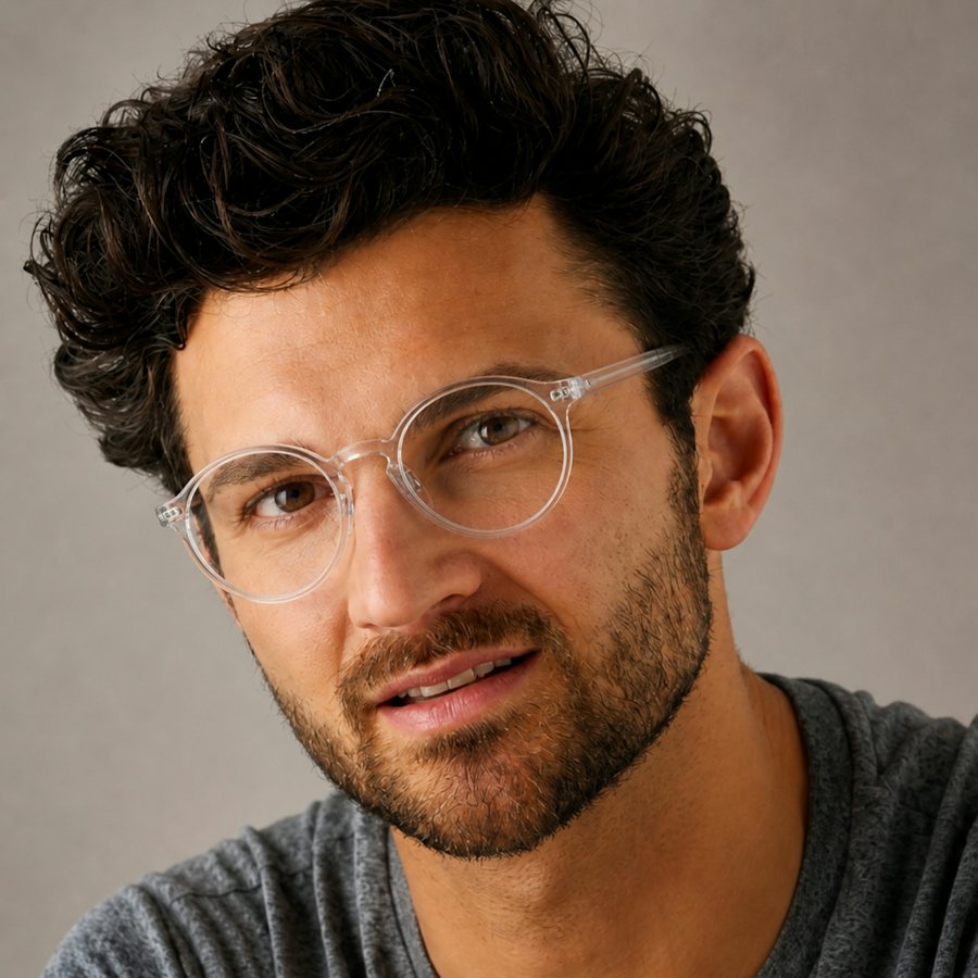 Man wearing a clear round glasses frame