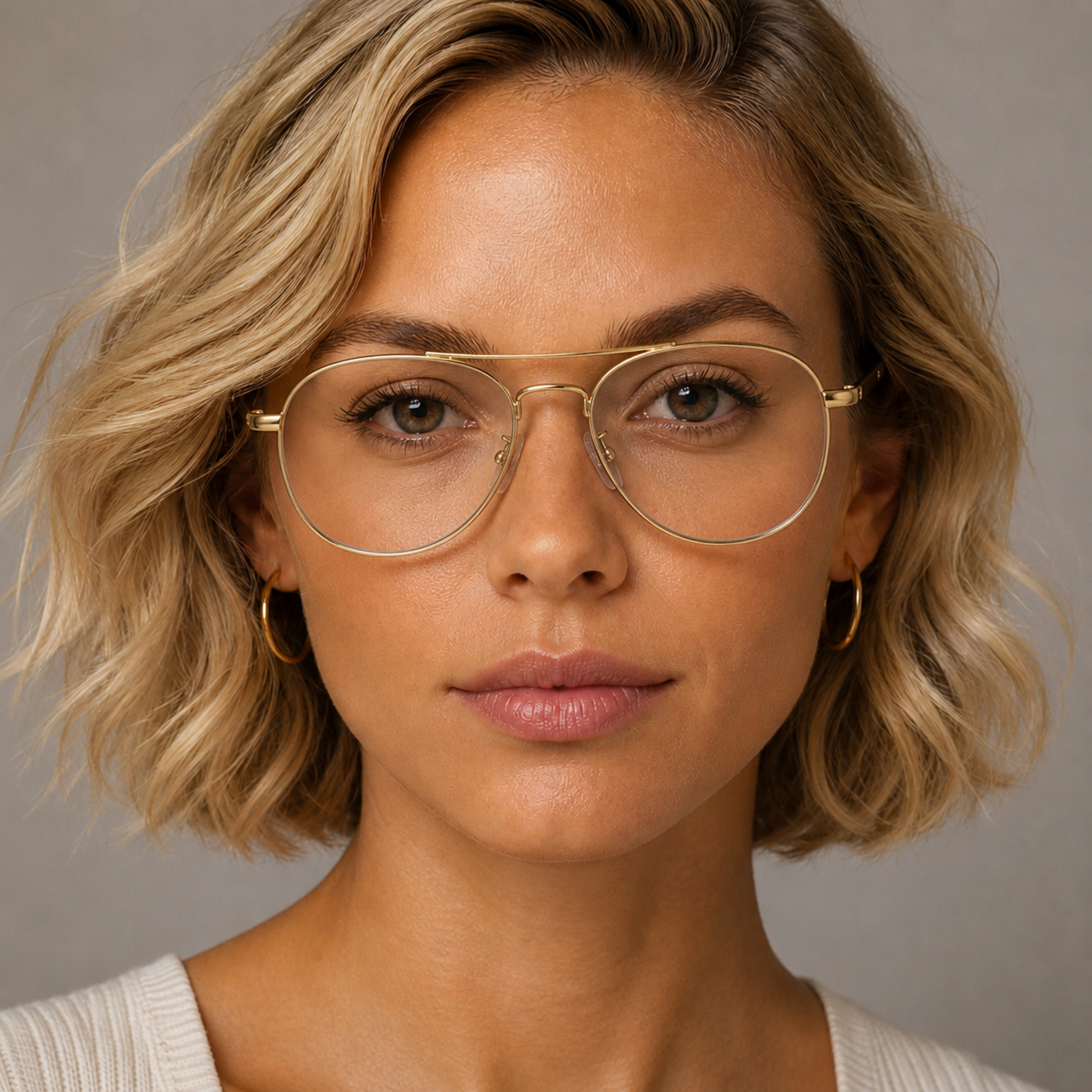 Woman wearing gold aviatro style glasses