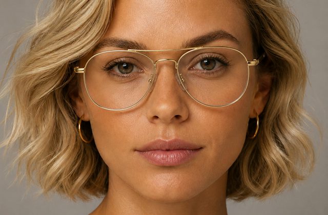 Woman wearing gold aviatro style glasses