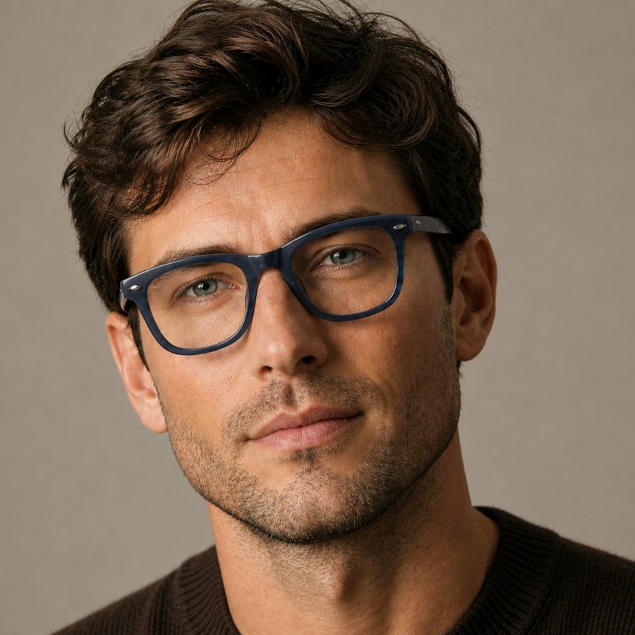 Man with brown hair wearing a blue plastic frame
