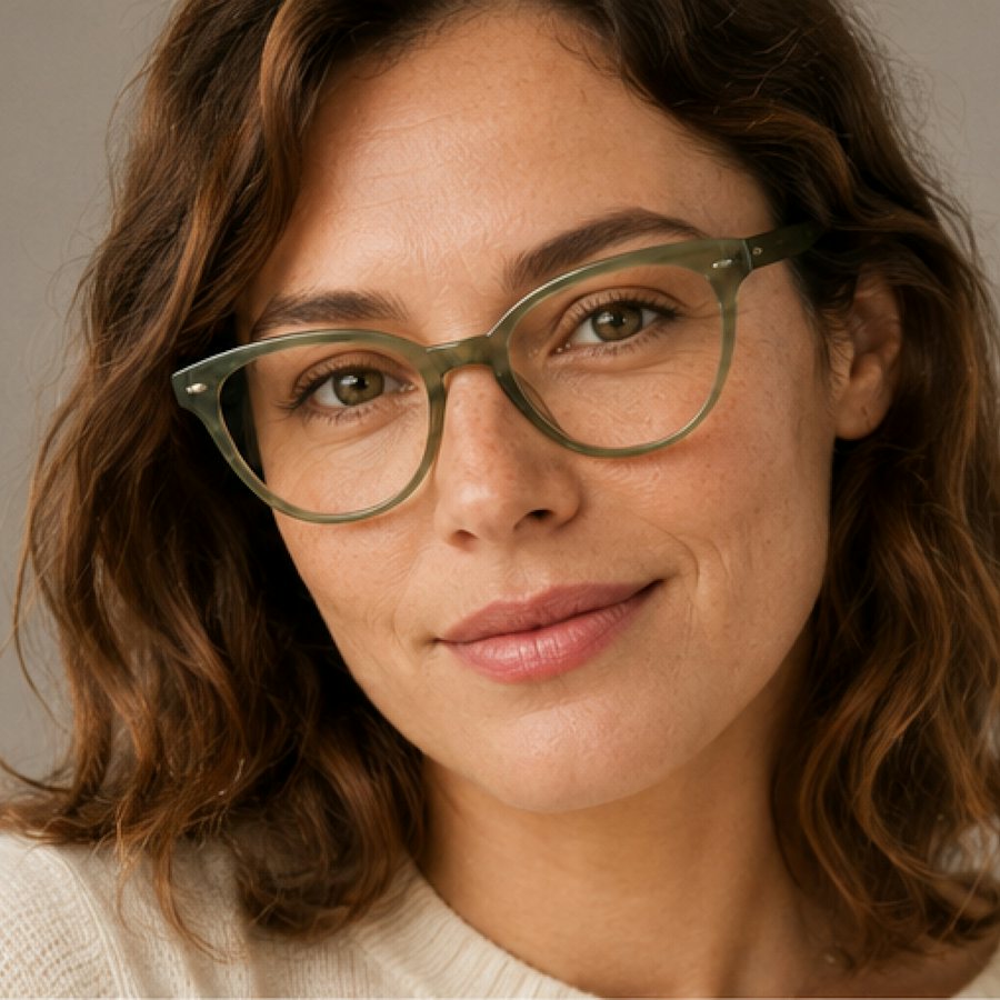 Woman wearing green plastic glasses