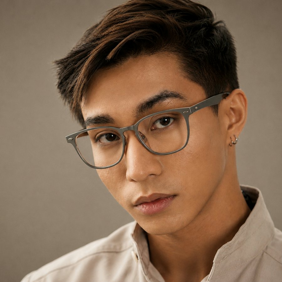 Man wearing a grey plastic wayfarer frame