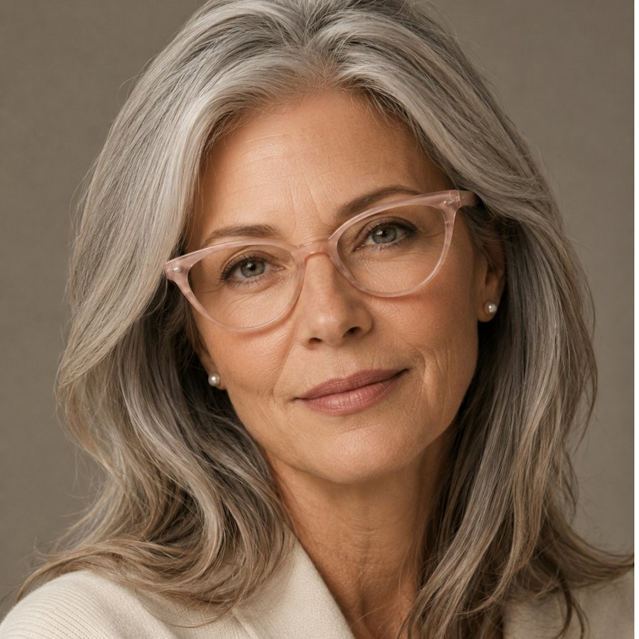 Attractive older lady wearing blush pink cat eye shaped glasses