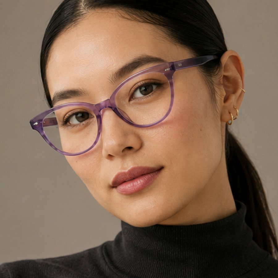 Woman wearing a plastic purple glasses frame