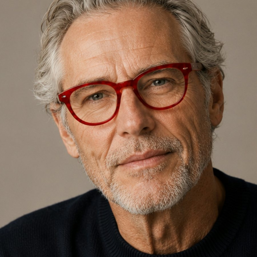 Older man wearing a red plastic glasses frame