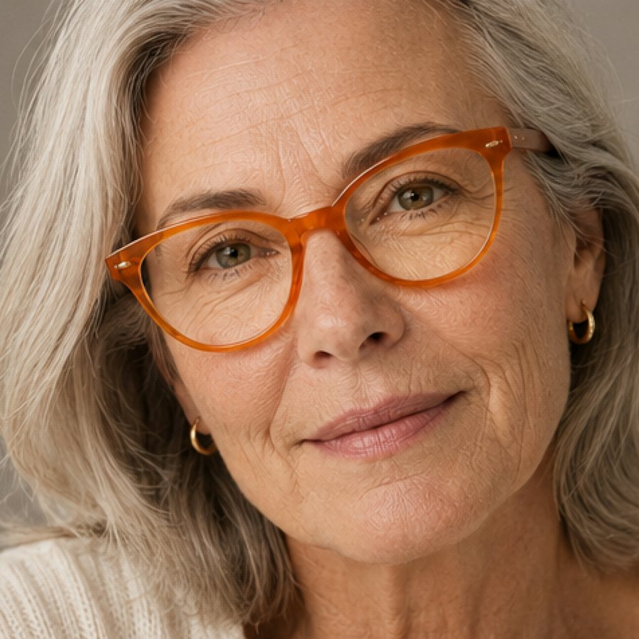 Woman wearing an orange plastic glasses frame