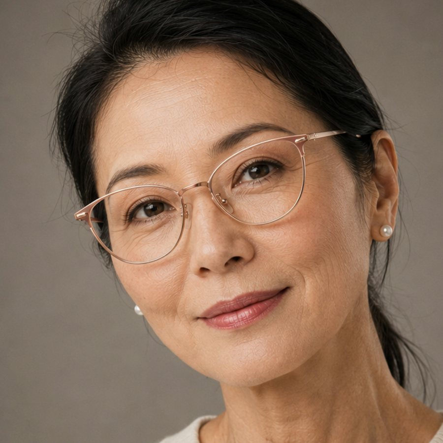 Woman wearing a rose gold metal glasses frame