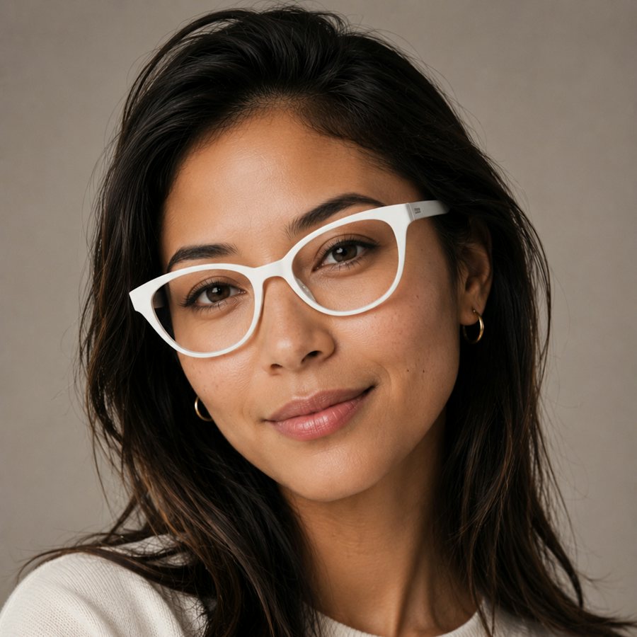 Woman wearing a plastic white glasses frame