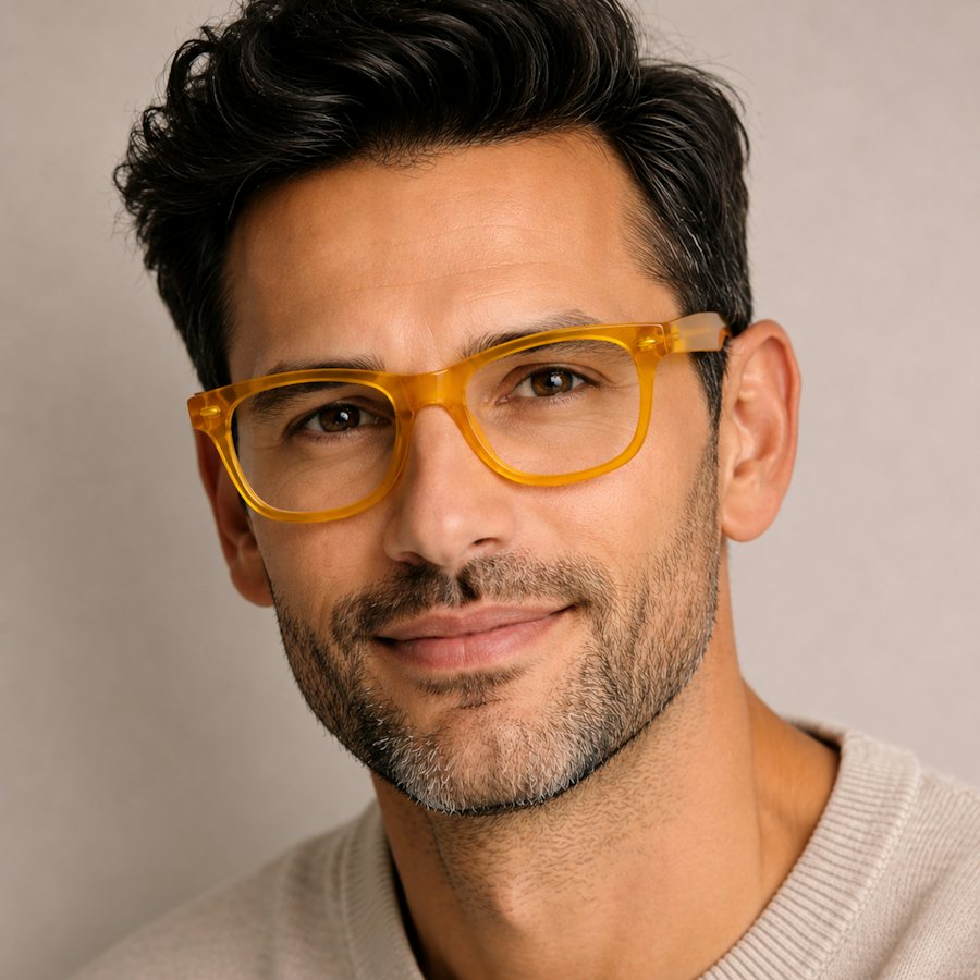 Attractive man wearing a yellow plastic rectangle frame