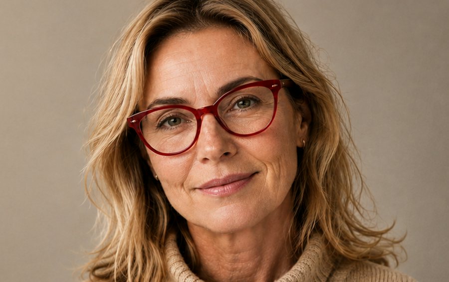 Middle aged woman wearing red plastic glasses