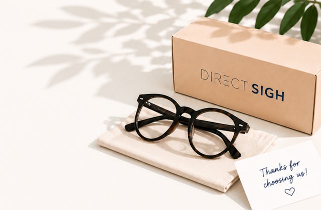 Glasses sitting on a cleaning cloth next to a direct sight box