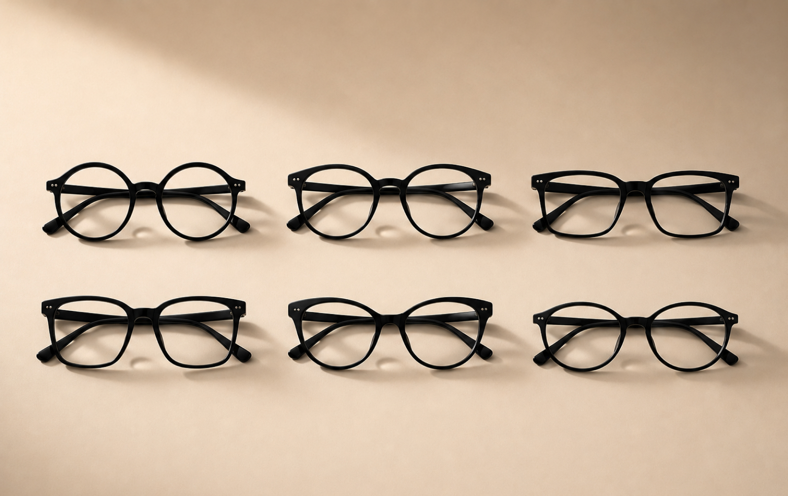 frames lined on on a neutral background to show different glasses frame shapes
