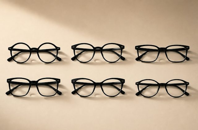 frames lined on on a neutral background to show different glasses frame shapes