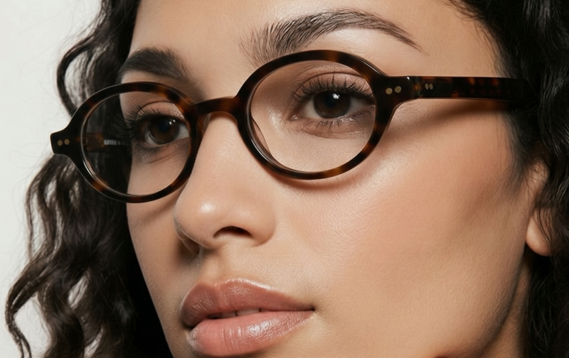 Woman wearing an oval plastic tortoise glasses frame