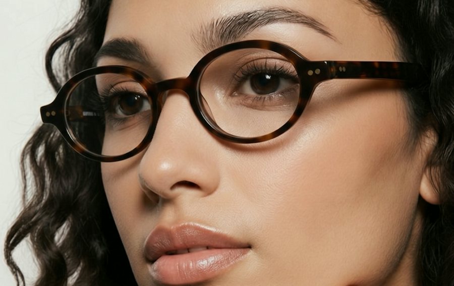 Woman wearing an oval plastic tortoise glasses frame