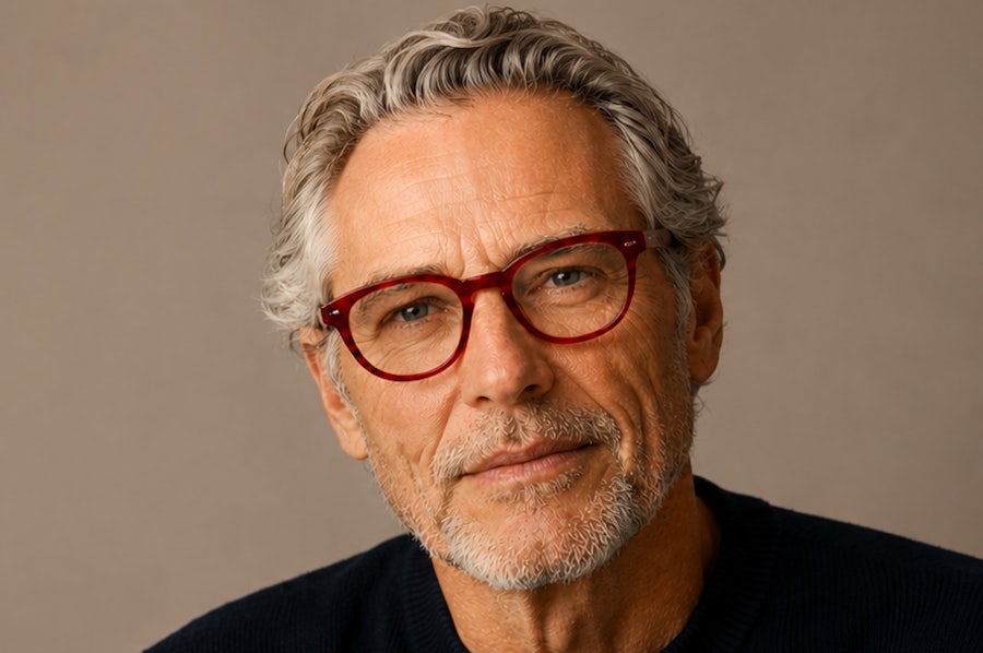 Older man wearing a red plastic glasses frame