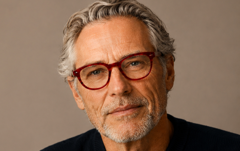 Older man with grey hair wearing red plastic frames