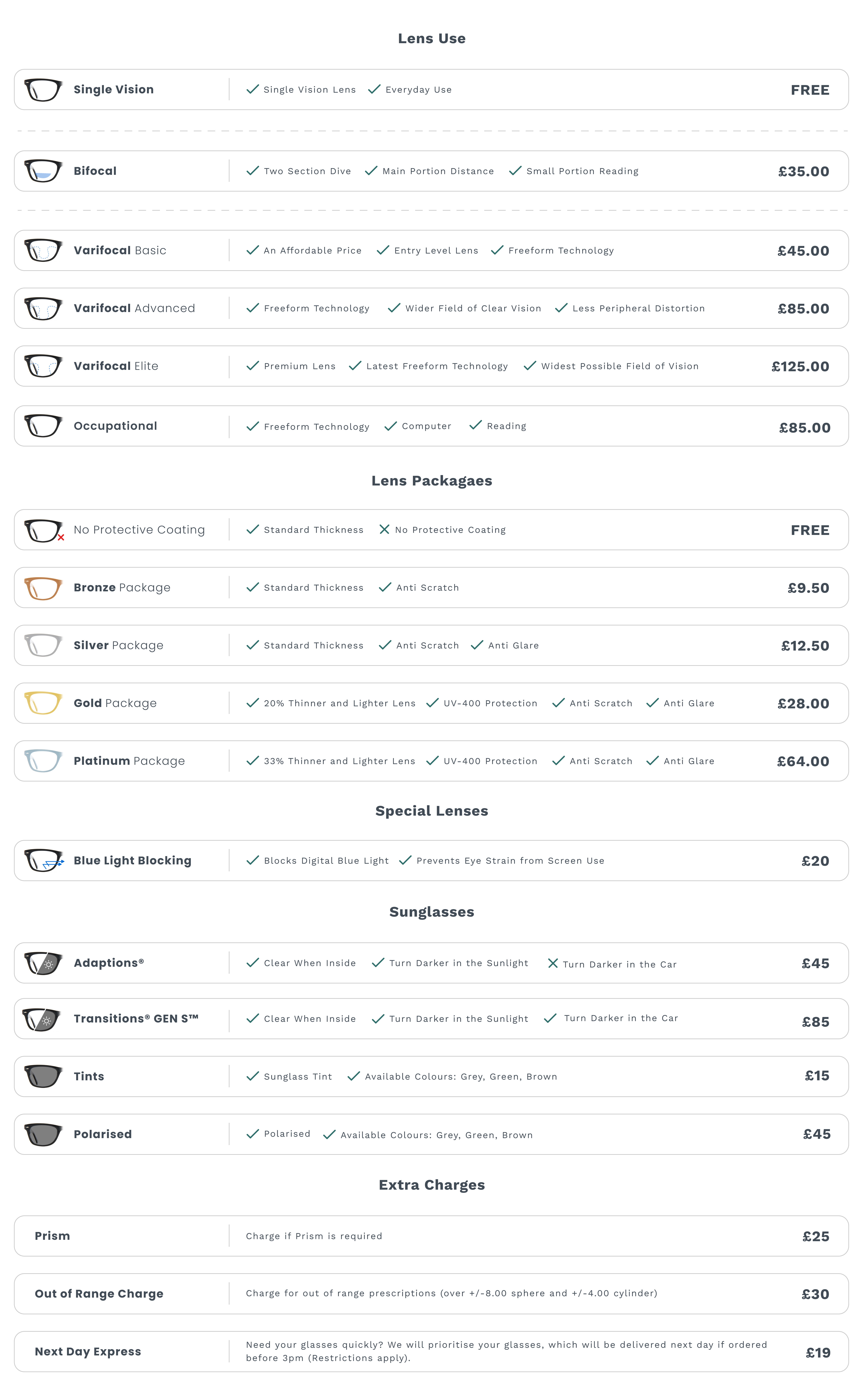 Lens Price List