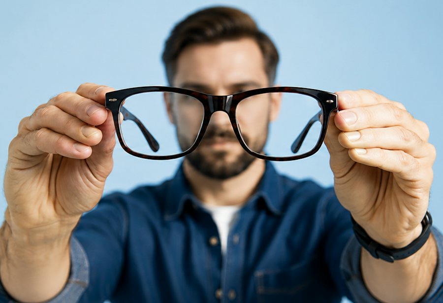 Man holding a black plastic glasses frame stretched out infront of him