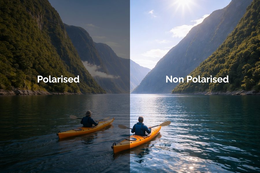 Two kayaks paddling down a river in a beautiful location half of the image represents a clear image seen with polarised sunglasses and the other side of the image is brigh seen with no polarised sunglasses