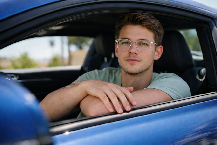 Man looking out of a blue car window wearing clear plastic glasses