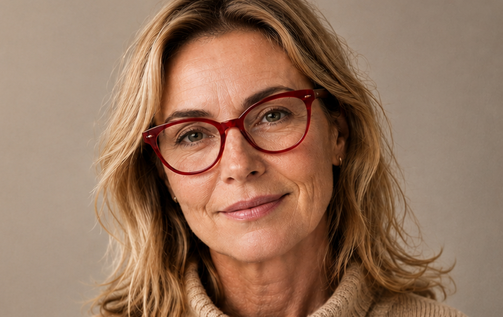 Woman wearing red plastic glasses