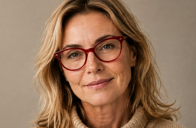 Woman wearing red plastic glasses