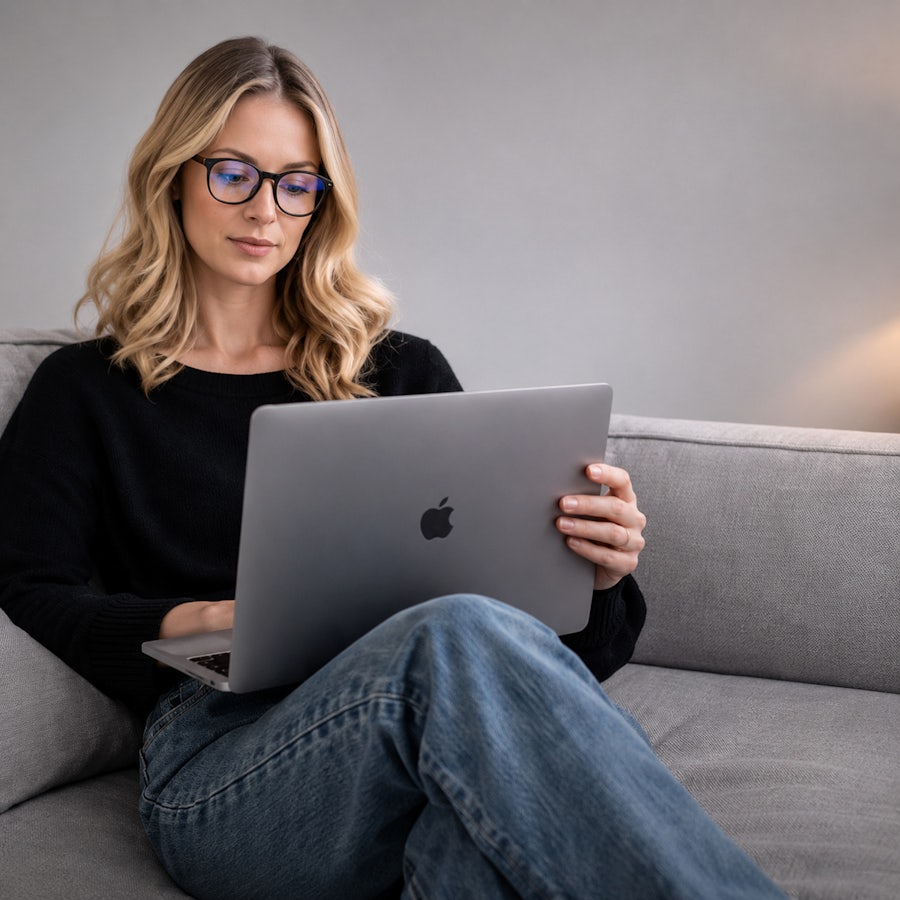 Woman looking at a laptop wearing blue light glasses
