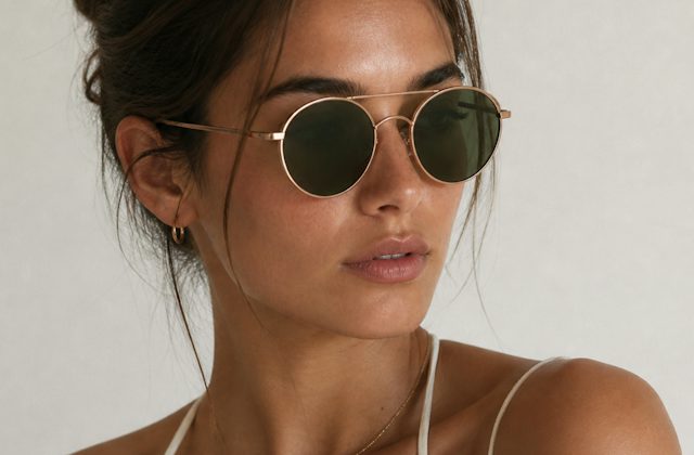 Woman wearing sunglasses with green tinted lenses