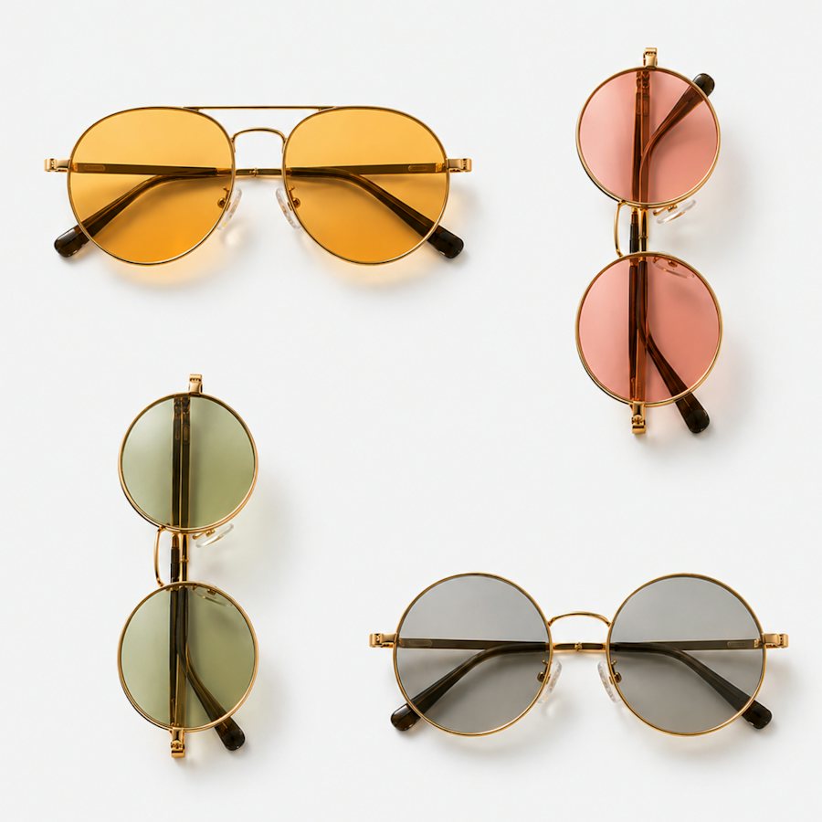 4 frames showing light tinted lenses in yellow, green, grey and red