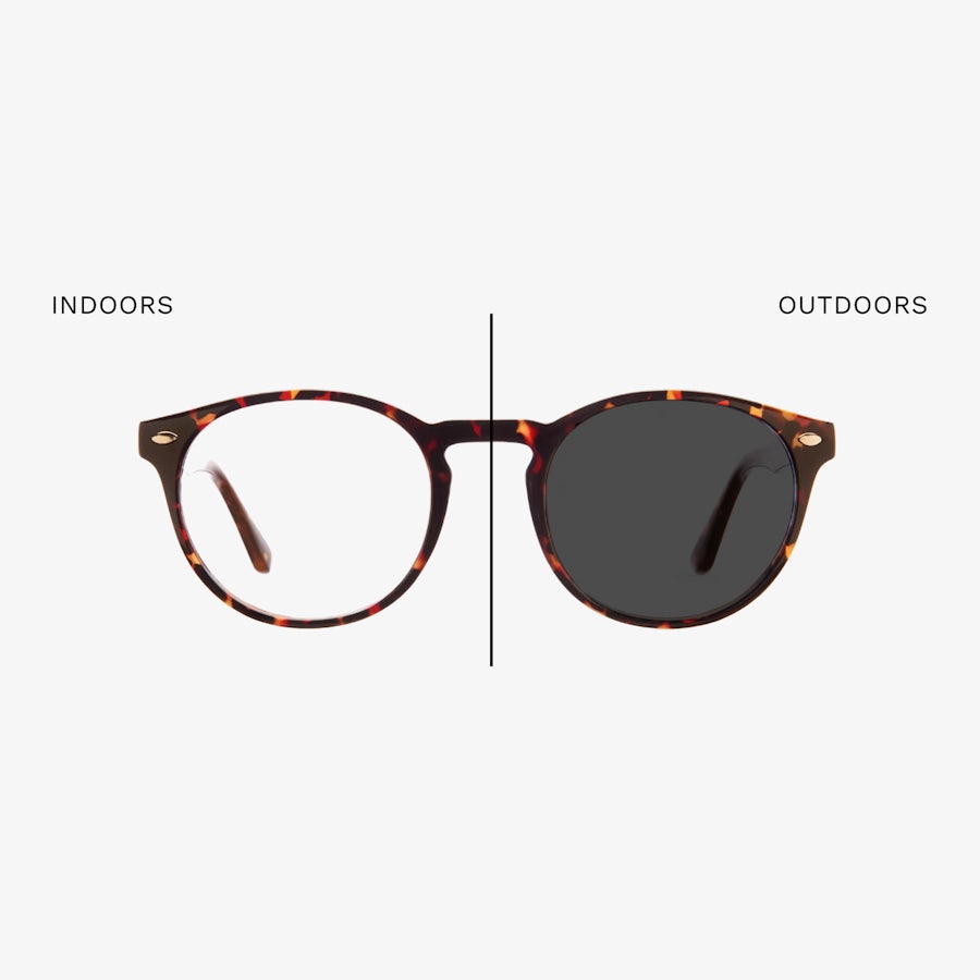 A glasses frame with half showing clear lenses representing indoors and tinted lenses representing outdoors