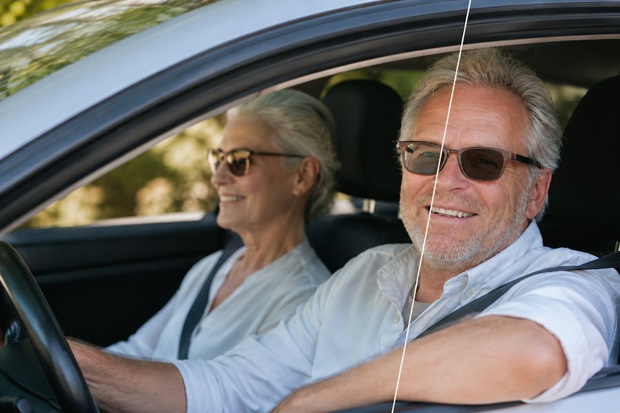 Image representing a man in a car wearing sunglasses fitted with photochromic lenses