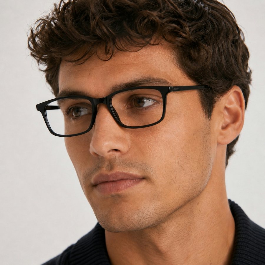 Man wearing a black rectangle plastic glasses frame