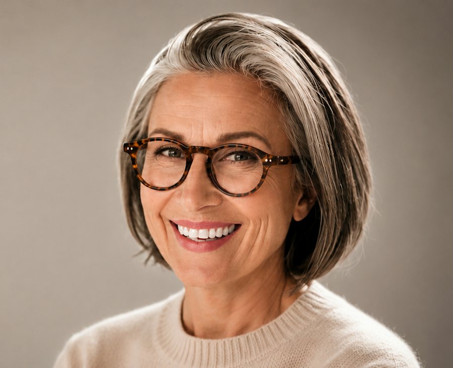 Attractive older lady wearing round plastic havana glasses