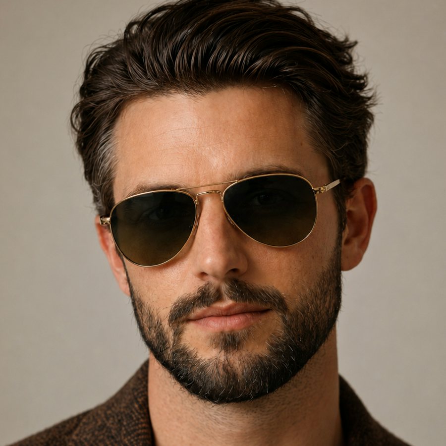 Man wearing aviator gold glasses with brown tinted lenses