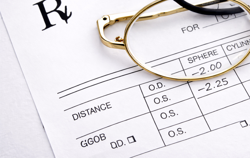 Glasses prescription with a gold frame resting on it